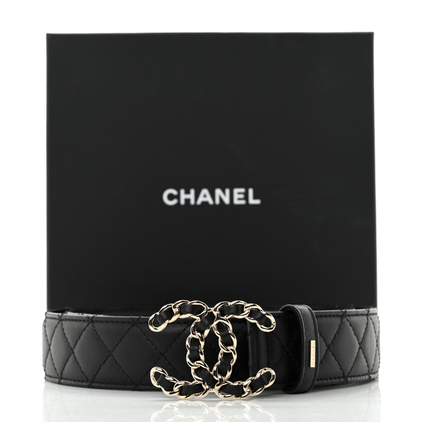 Calfskin Quilted CC Chain Belt 80 32 Black