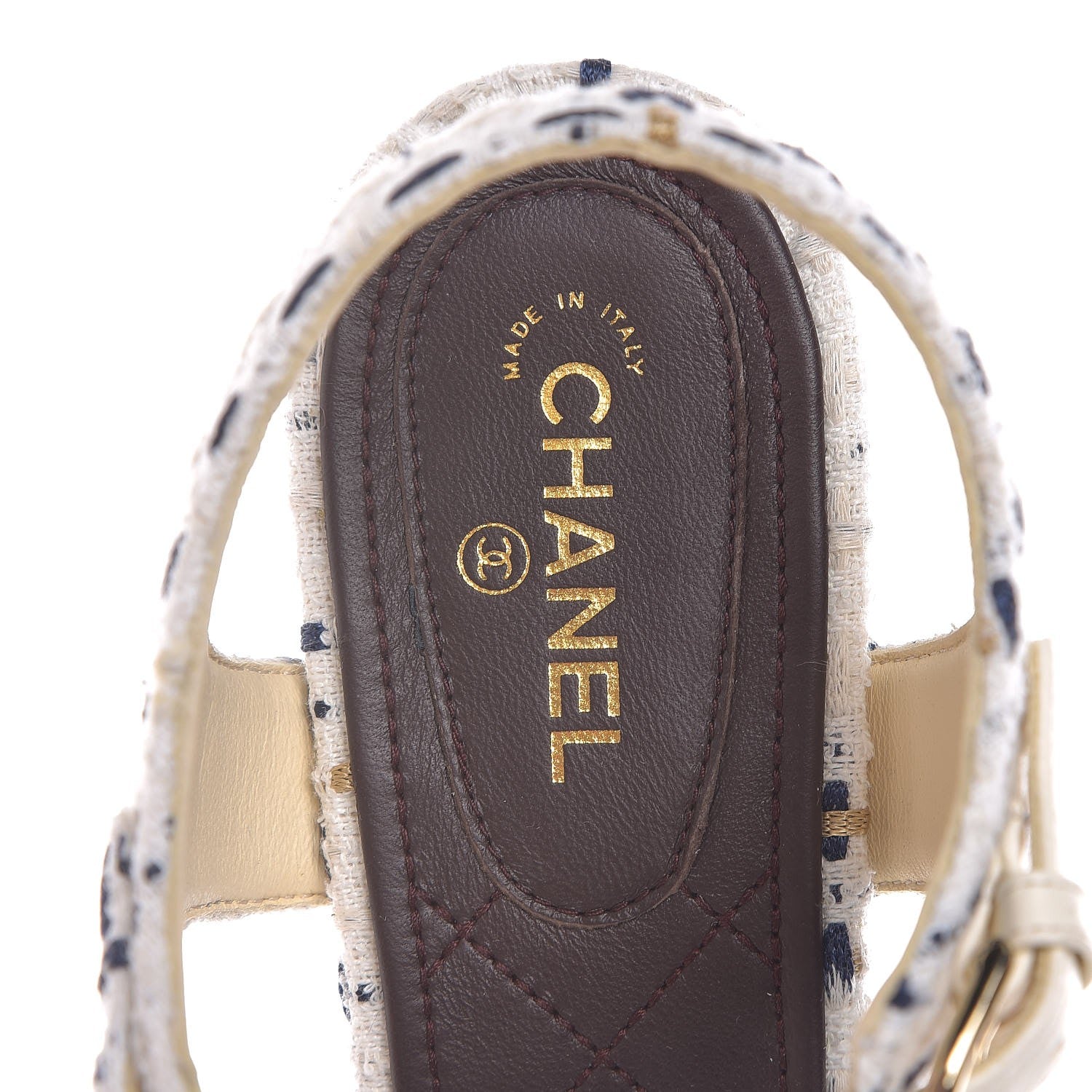 Chanel Tweed Chain Sandals 39.5 White Ecru Navy Gold 7 of 10