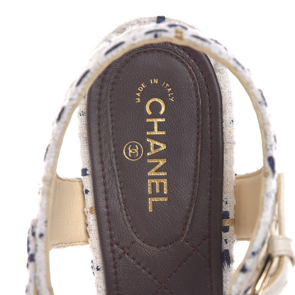 Chanel Tweed Chain Sandals 39.5 White Ecru Navy Gold 7 of 10