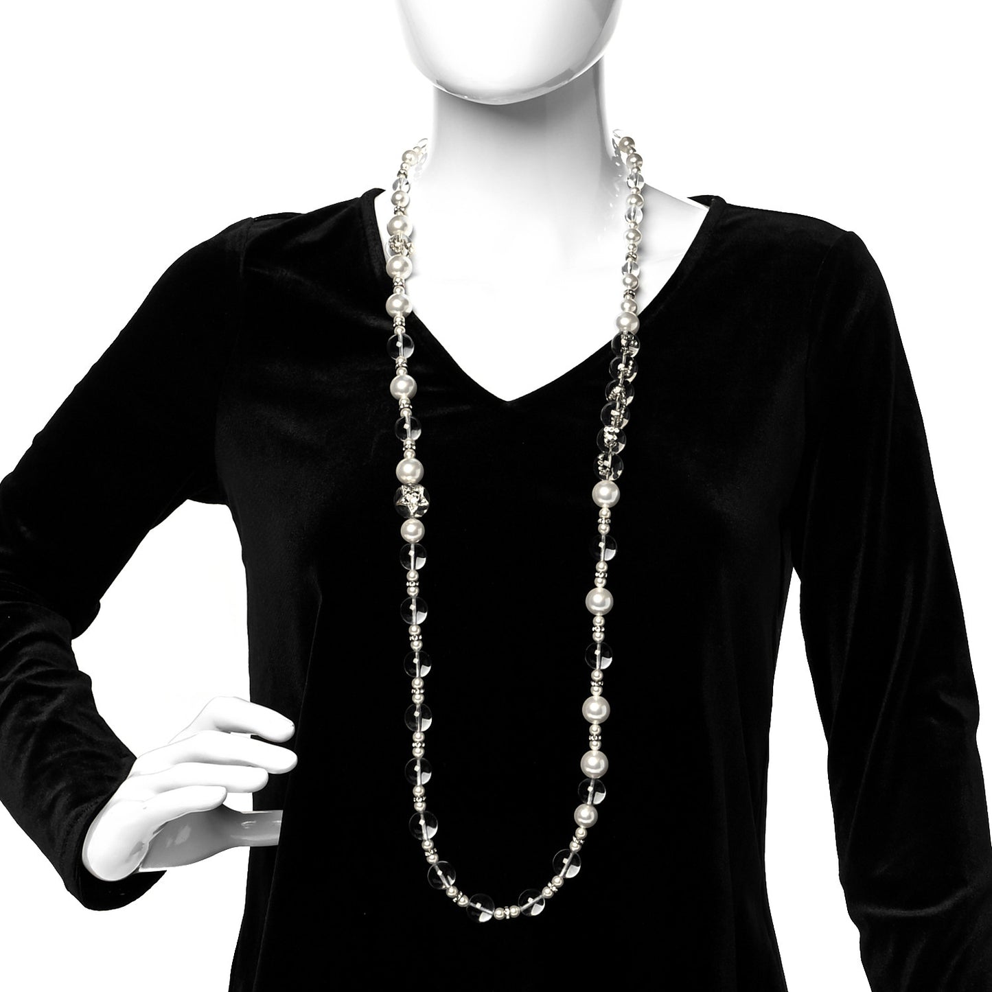 Resin Pearl Crystal Logo Long Necklace Transparent Gold