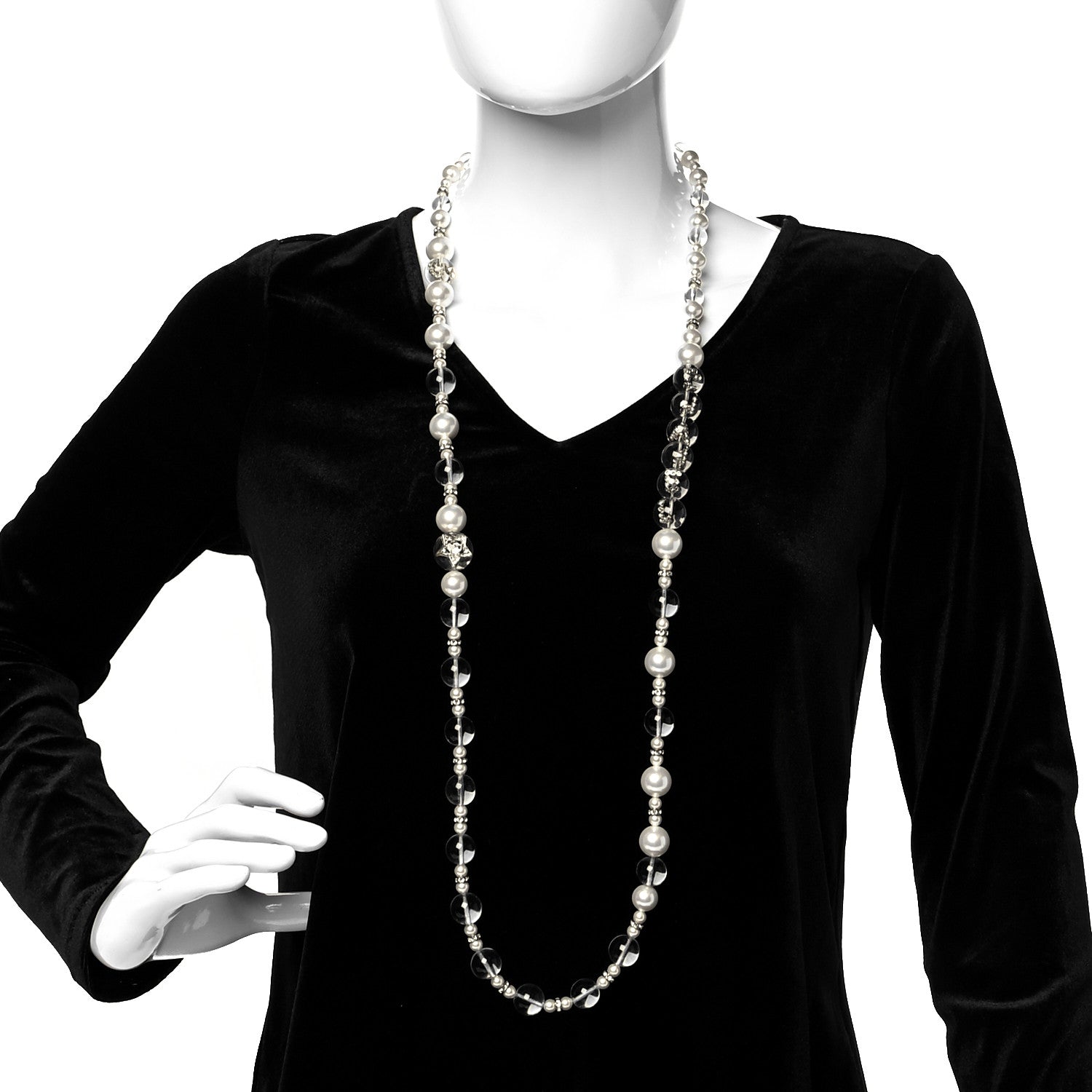 Chanel Resin Pearl Crystal Logo Long Necklace Transparent Gold 2 of 5