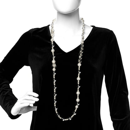 Chanel Resin Pearl Crystal Logo Long Necklace Transparent Gold 2 of 5