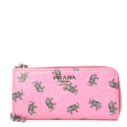 Prada Saffiano Elephant Print Zip Key Pouch Rosa 1 of 9