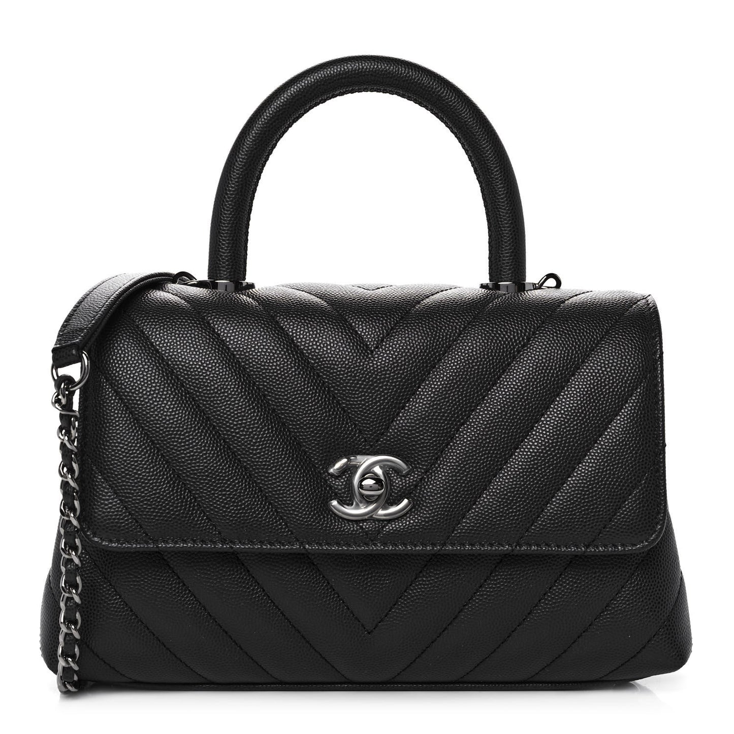 Caviar Chevron Quilted Mini Coco Handle Flap Dark Grey