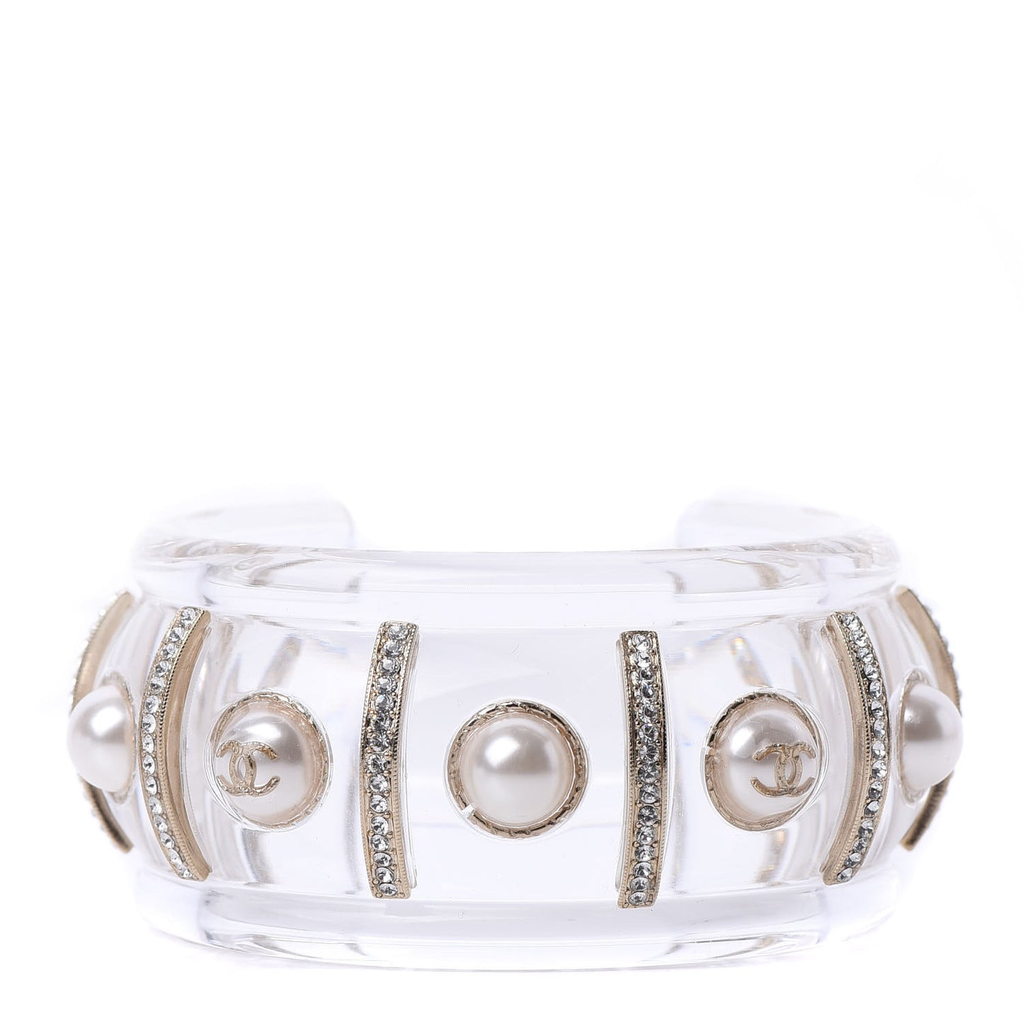 Lucite Mother of Pearl Crystal CC Cuff Gold Transparent