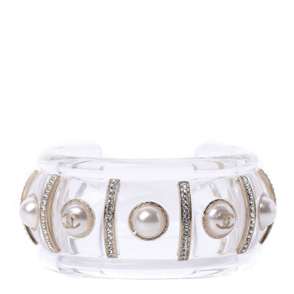 Chanel Lucite Mother of Pearl Crystal CC Cuff Gold Transparent 1 of 4