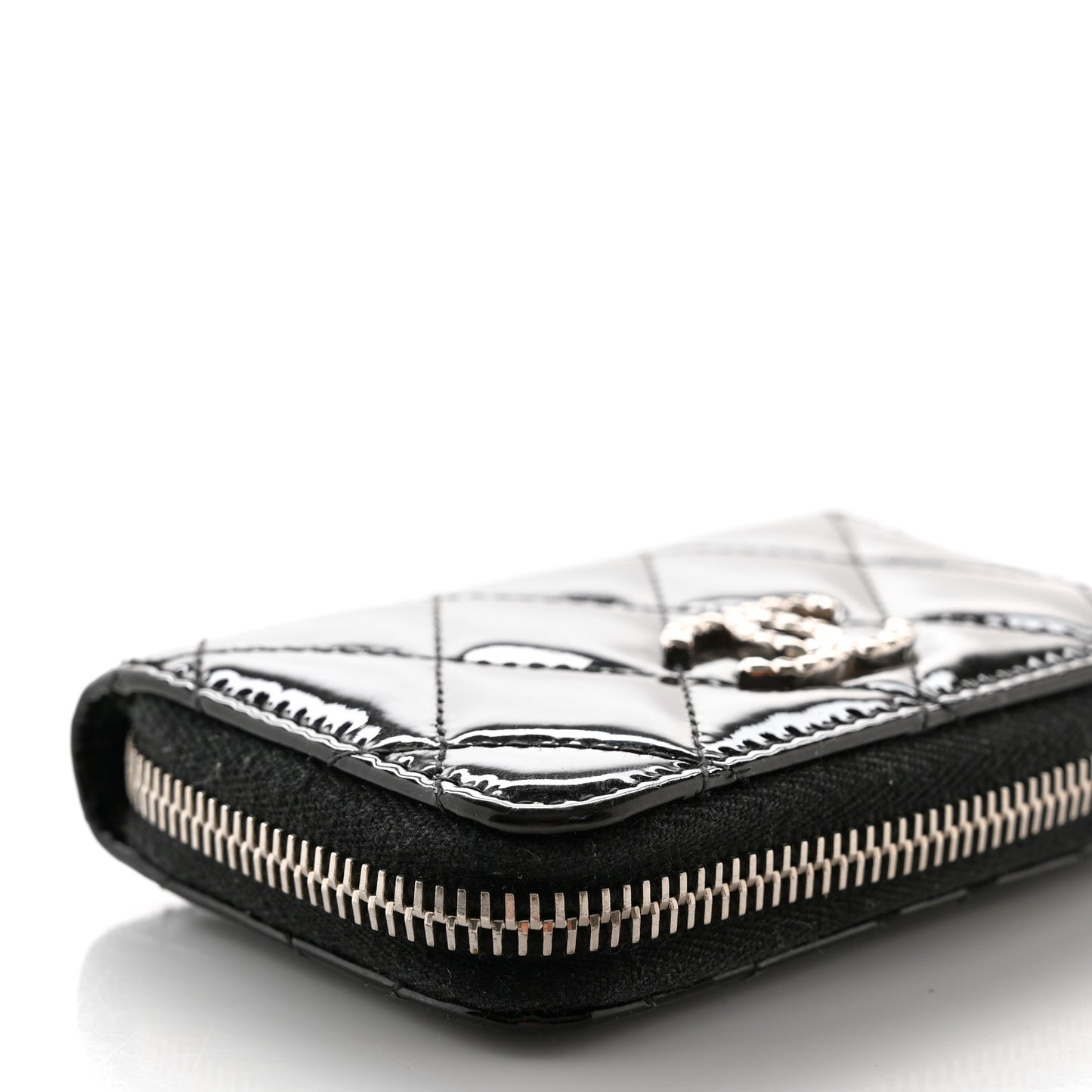 Patent Calfskin Quilted Brilliant Zip Coin Purse Wallet Black