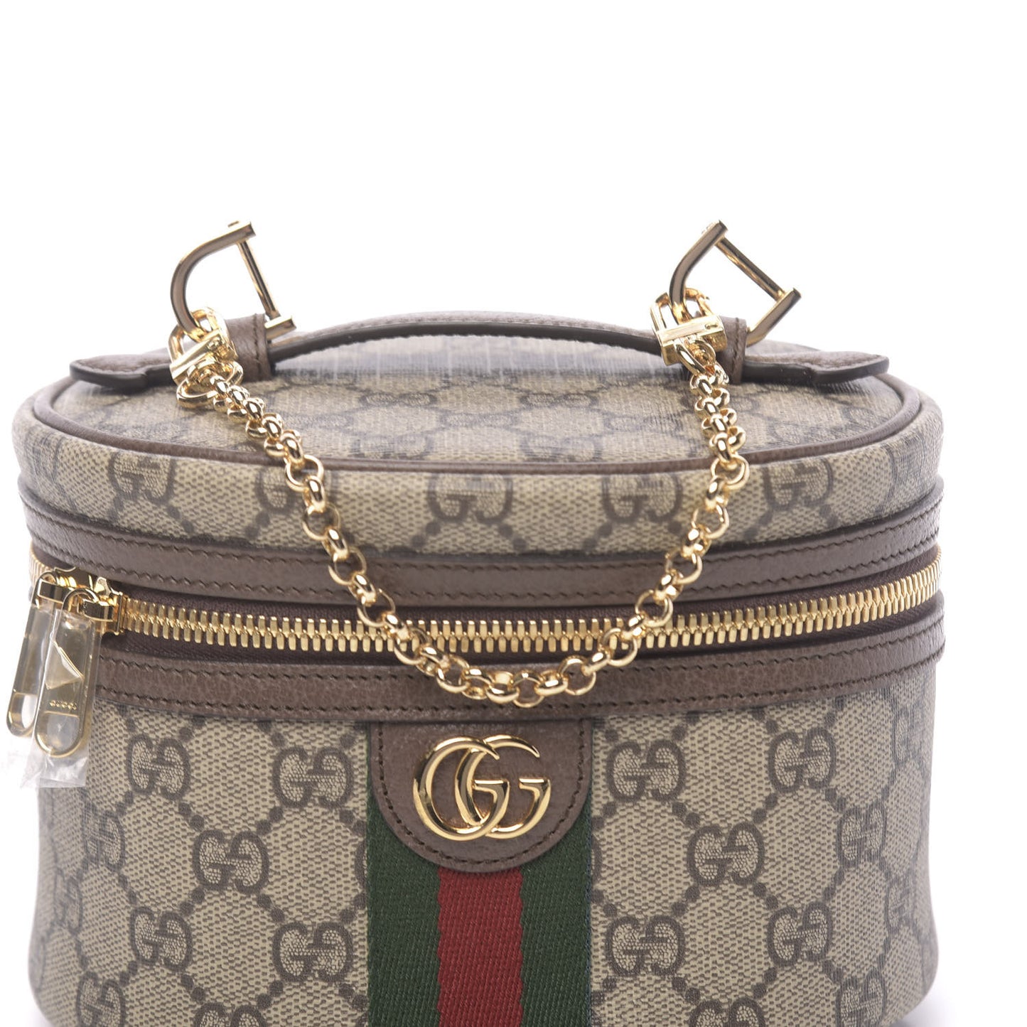 GG Supreme Monogram Textured Calfskin Web Ophidia Vanity Cosmetic Case Beige Ebony New Acero