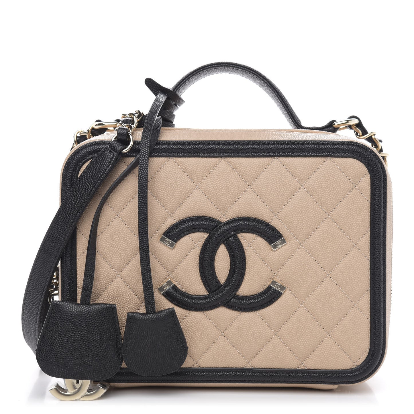Caviar Quilted Medium CC Filigree Vanity Case Beige Black