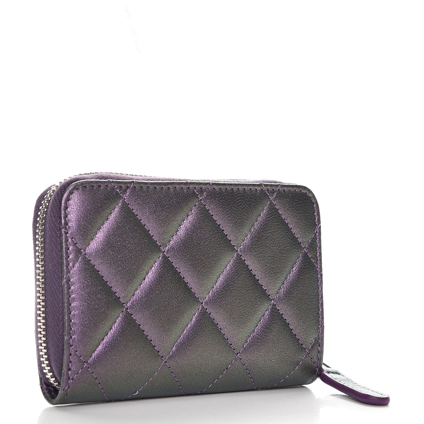 Metallic Lambskin Quilted Zip Around Coin Purse Wallet Purple