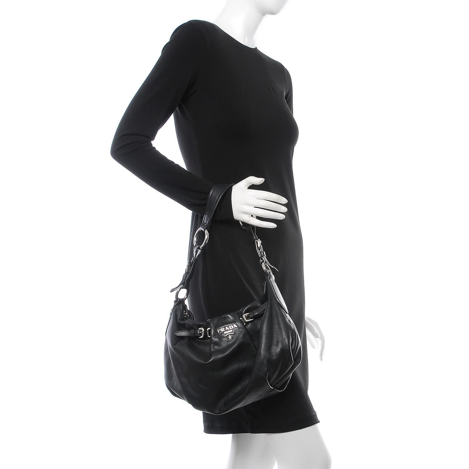 Prada Soft Calf Pleated Hobo Black 2 of 9
