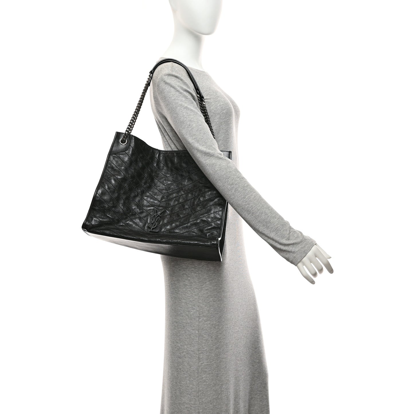 Crinkled Calfskin Matelasse Monogram Large Niki Shopper Tote Black