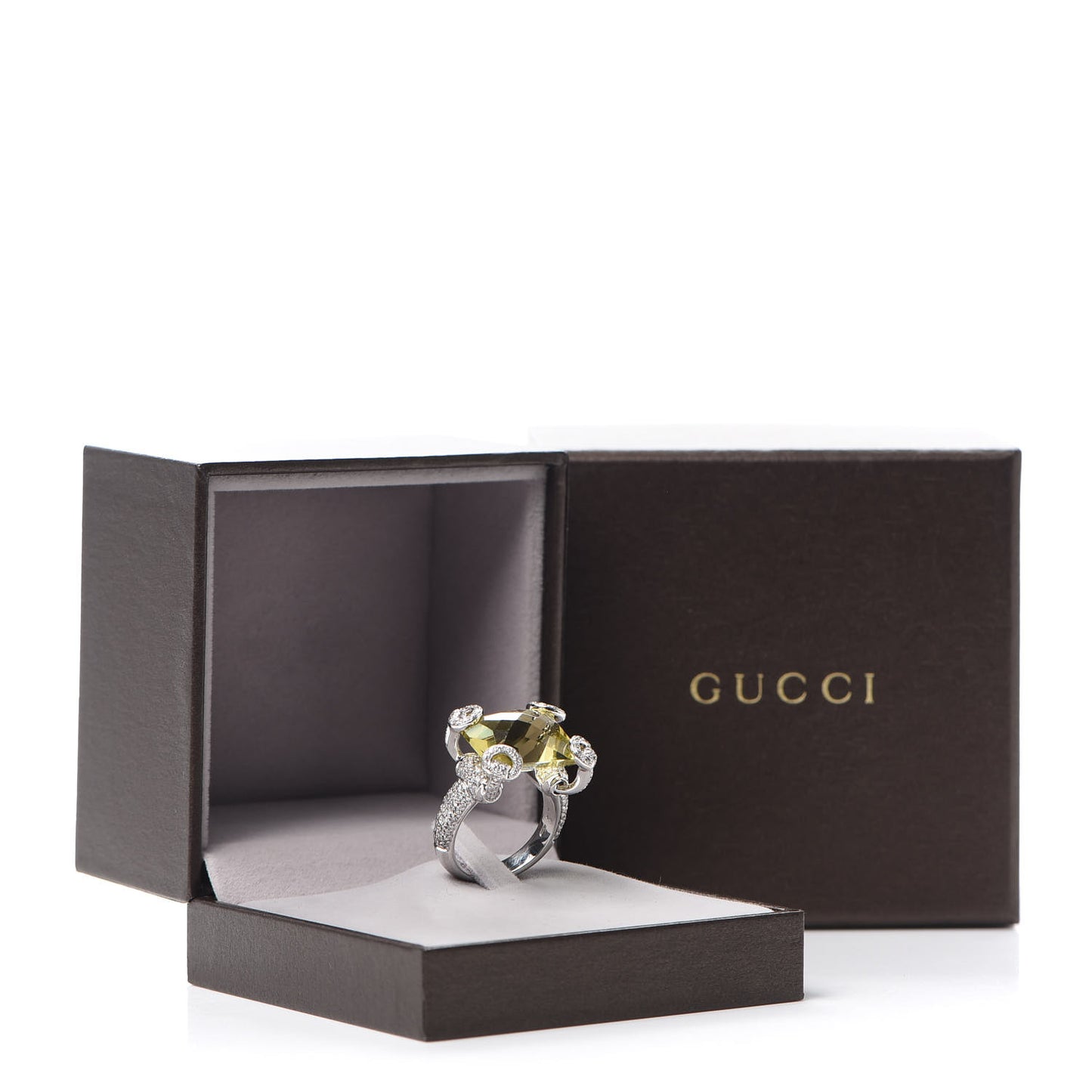 18K White Gold Diamond Lemon Quartz Horsebit Ring 55 7.25