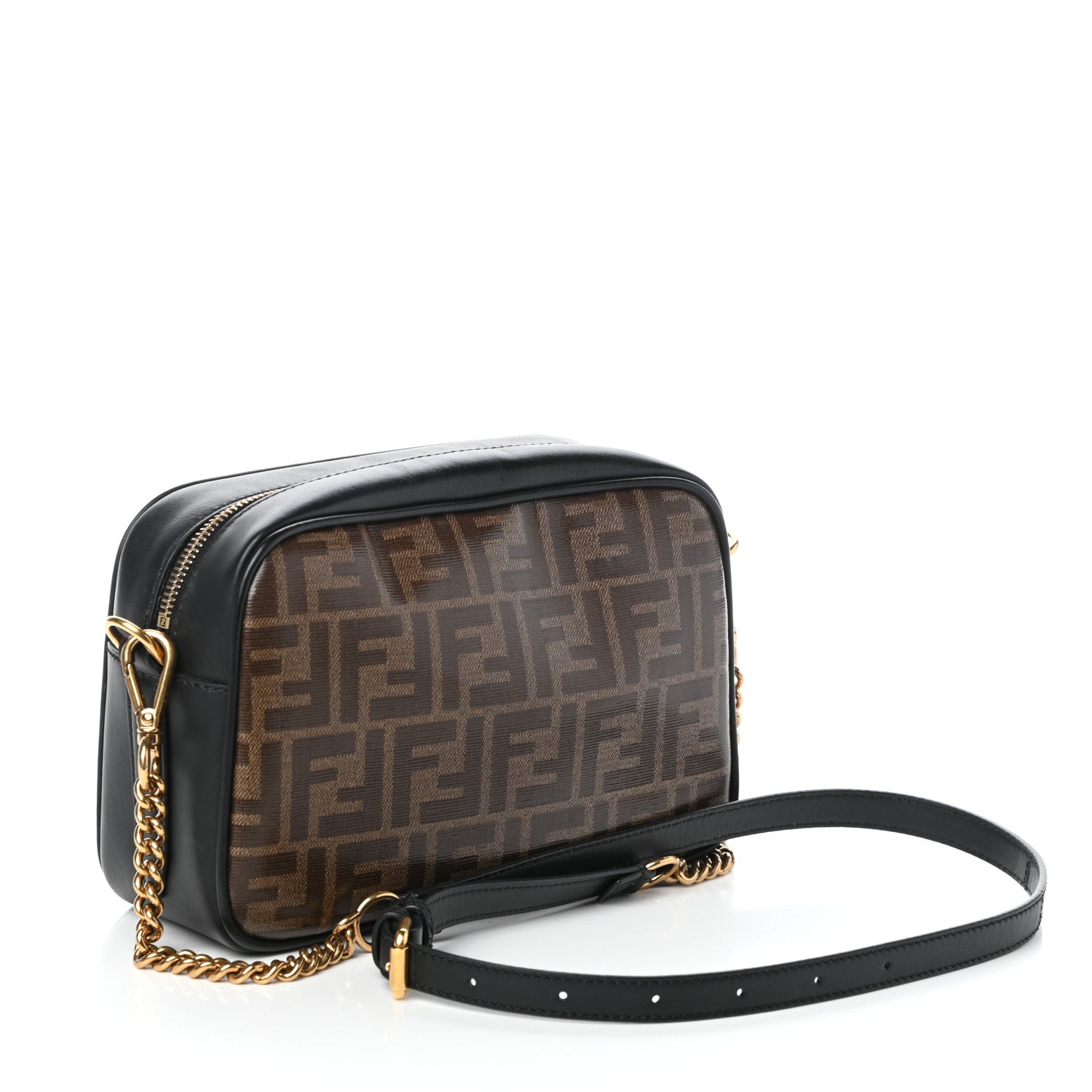 Fendi Glazed Fabric Vitello Century FF 1974 Stamp Patch Camera Case Mogano Panna Black 3 of 9