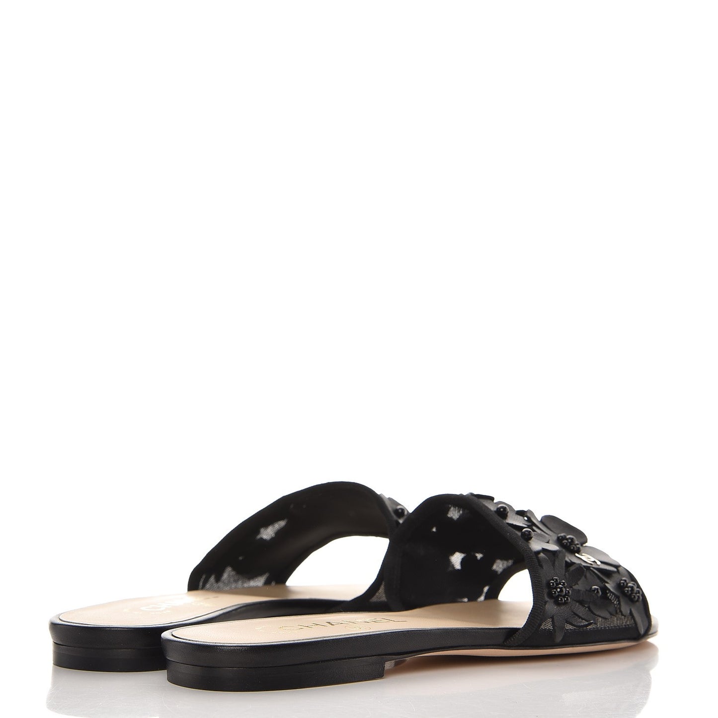 Lambskin Mesh Camellia Mule Sandals 39 Black