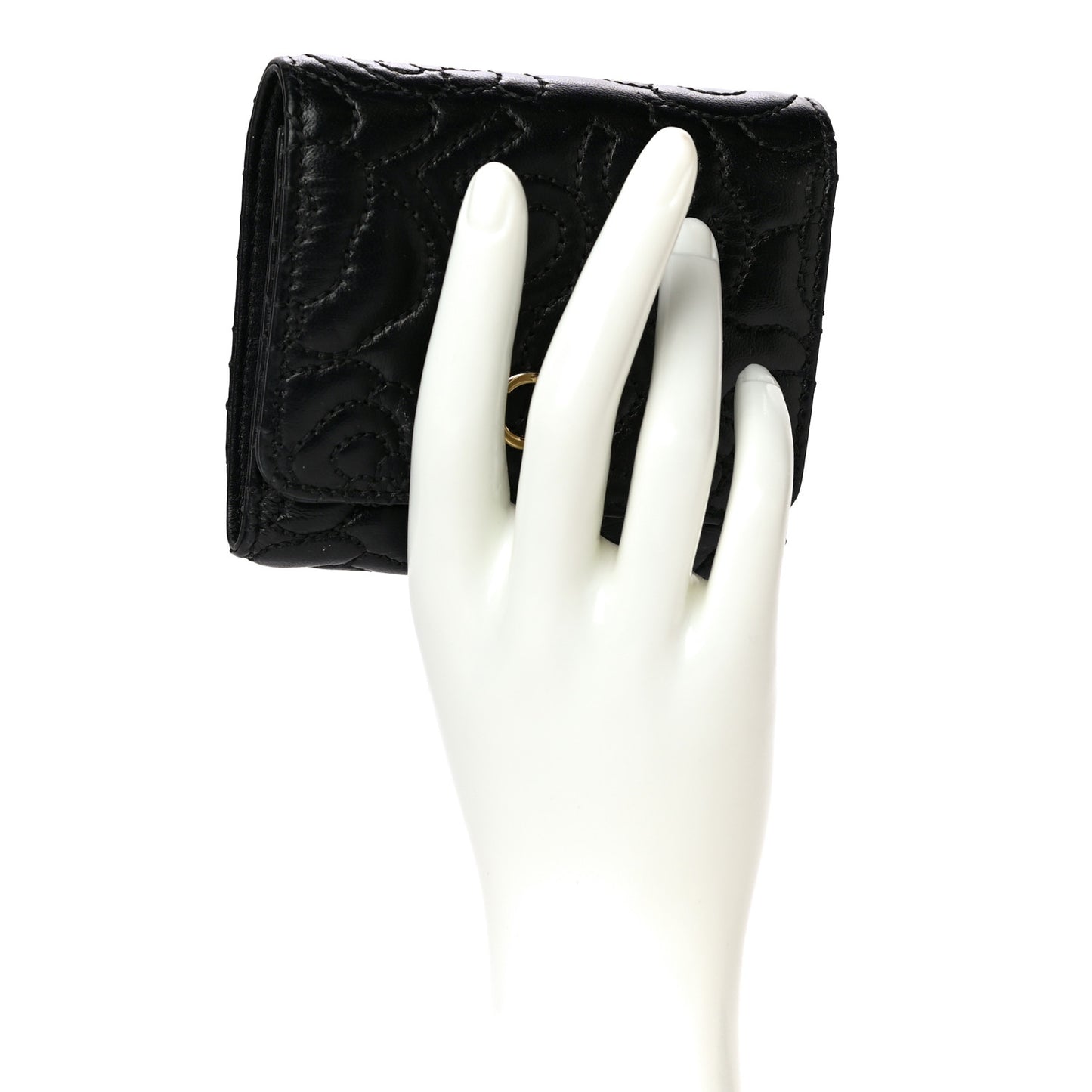 Lambskin Camellia Embossed Small Wallet Black