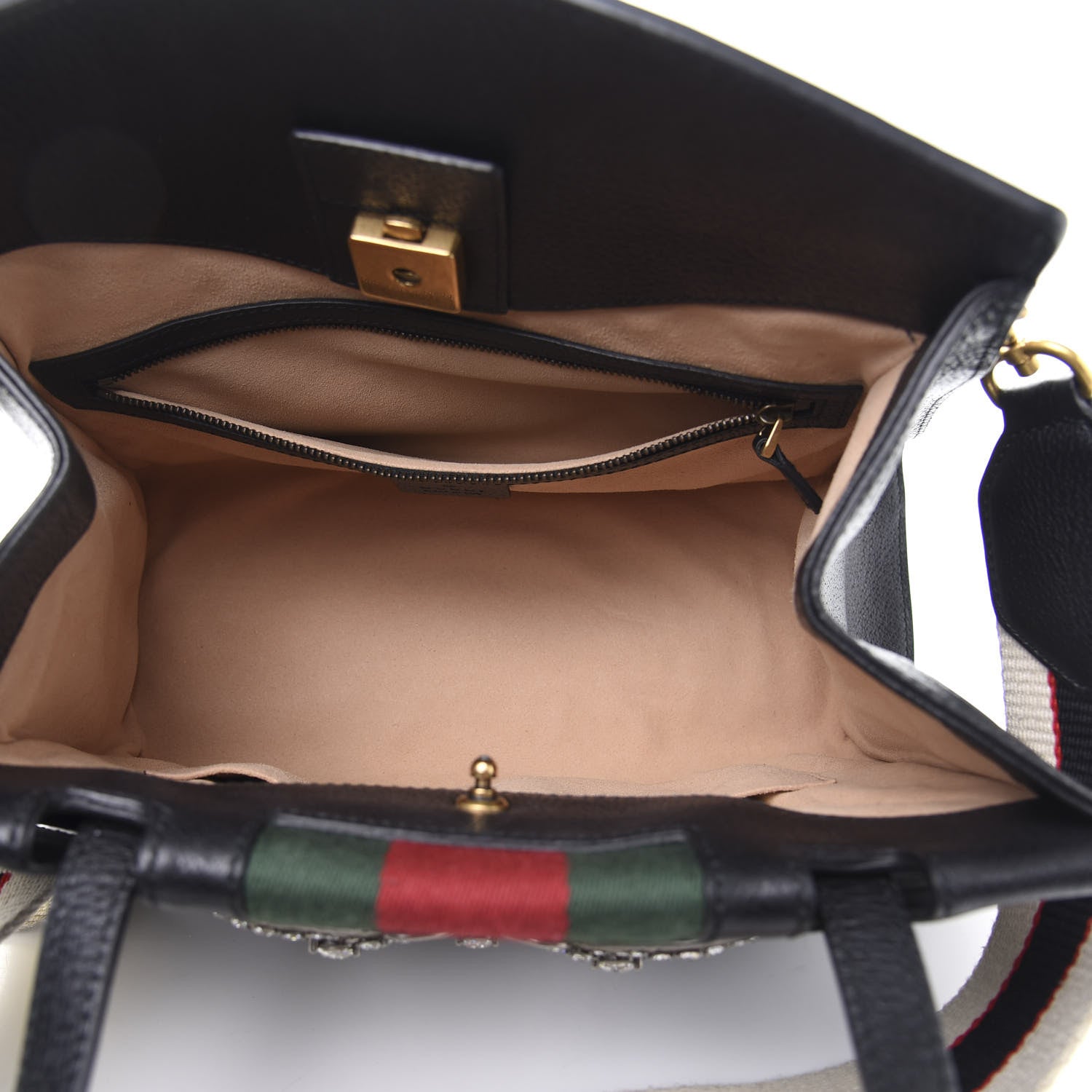 Gucci Grained Calfskin Web Crystal Butterfly Stripe Medium Totem Top Handle Bag Black 5 of 14