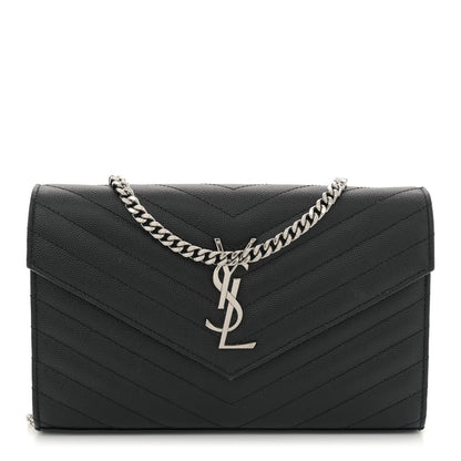 Saint Laurent Grain De Poudre Matelasse Chevron Monogram Chain Wallet Black 1 of 12