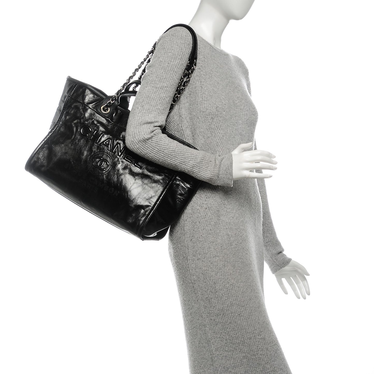 Glazed Calfskin Large Deauville Tote Black