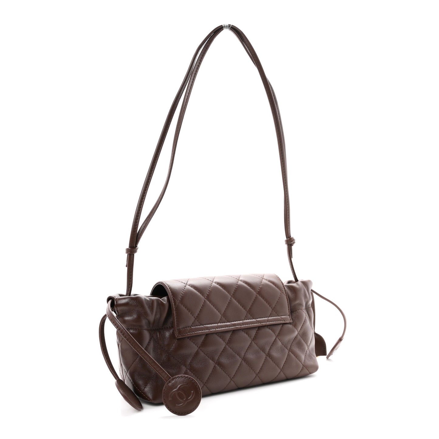 Lambskin Quilted CC Drawstring Flap Clutch With Strap Brown