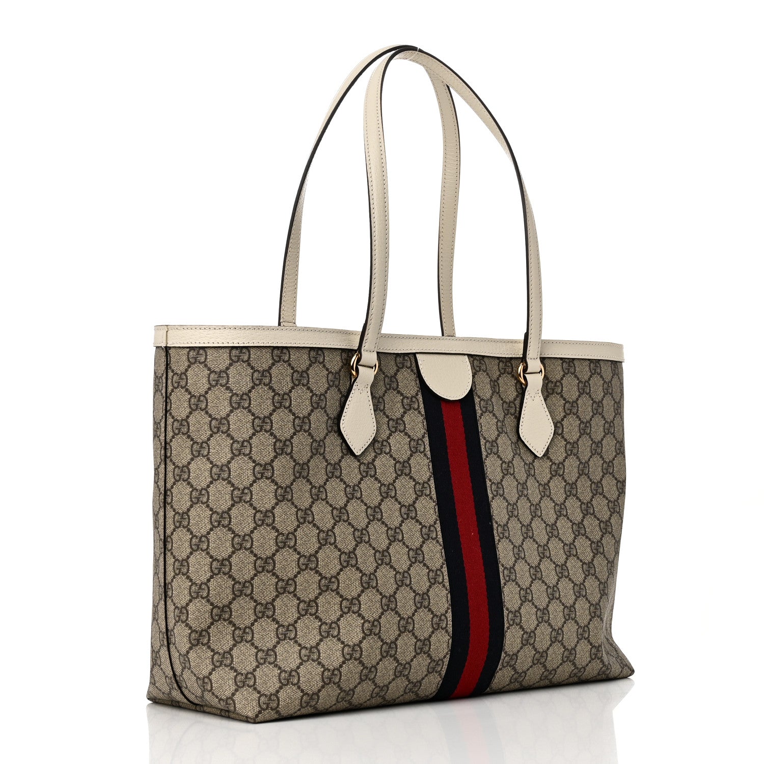 Gucci GG Supreme Monogram Textured Dollar Calfskin Web Medium Ophidia Shopping Tote Beige Ebony Mystic White 3 of 10