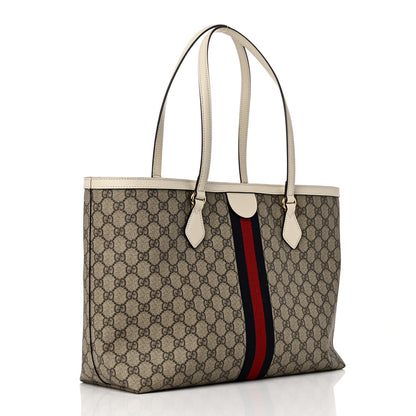 Gucci GG Supreme Monogram Textured Dollar Calfskin Web Medium Ophidia Shopping Tote Beige Ebony Mystic White 3 of 10