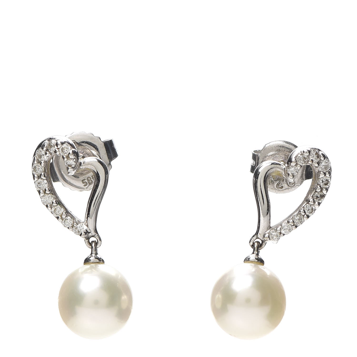 Mikimoto 14K White Gold Diamond Akoya Pearl 7mm Blue Lagoon Heart Earrings 1 of 5
