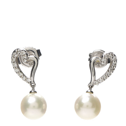 Mikimoto 14K White Gold Diamond Akoya Pearl 7mm Blue Lagoon Heart Earrings 1 of 5