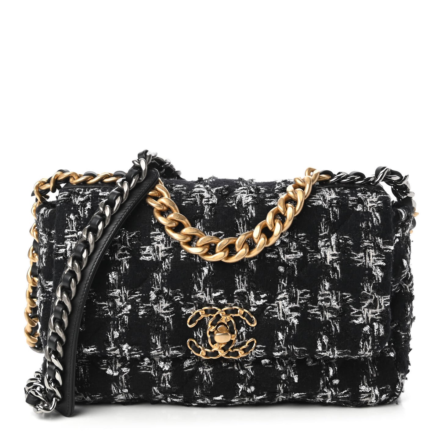 Tweed Quilted Medium Chanel 19 Flap Black Silver Ecru