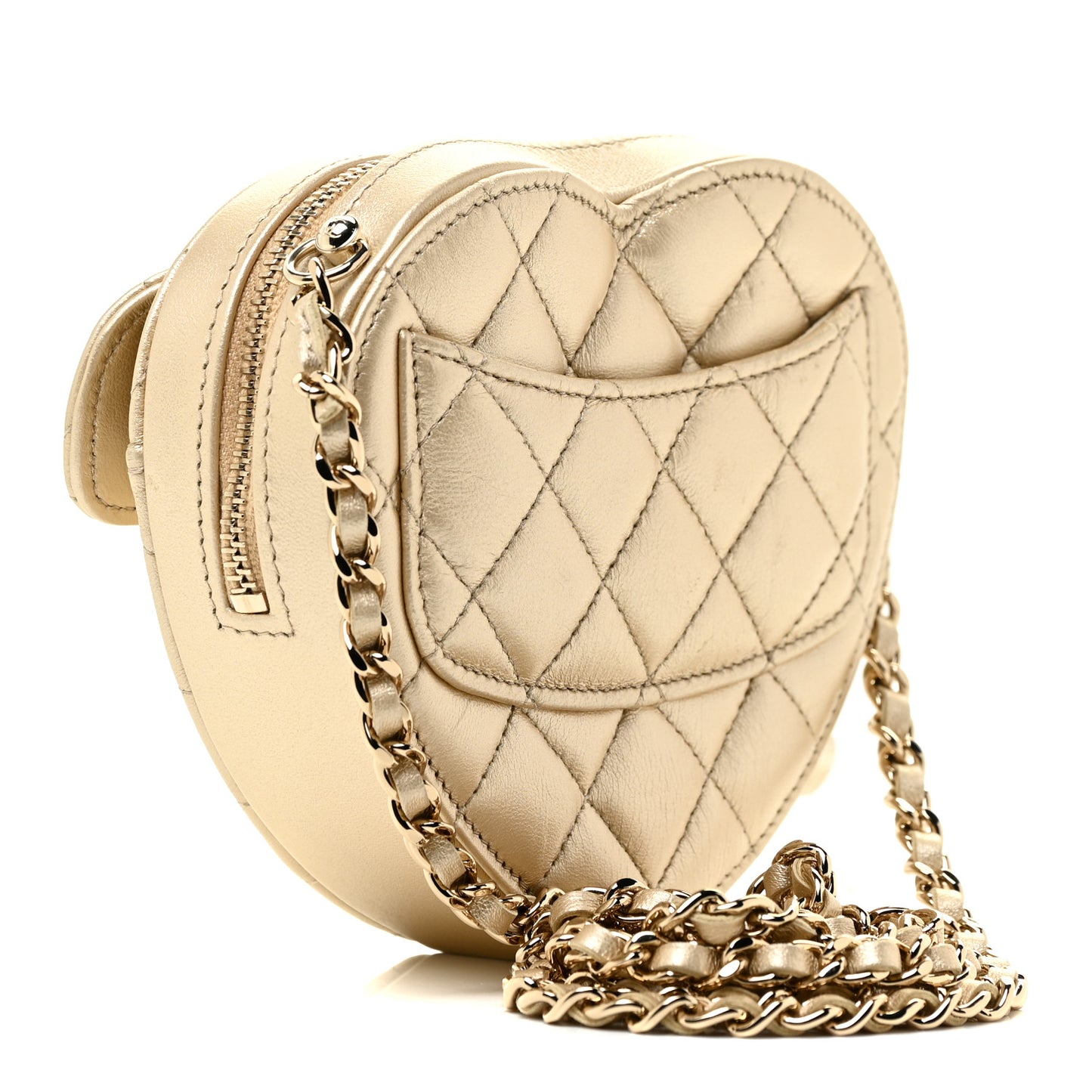 Metallic Lambskin Quilted CC In Love Heart Clutch With Chain Gold