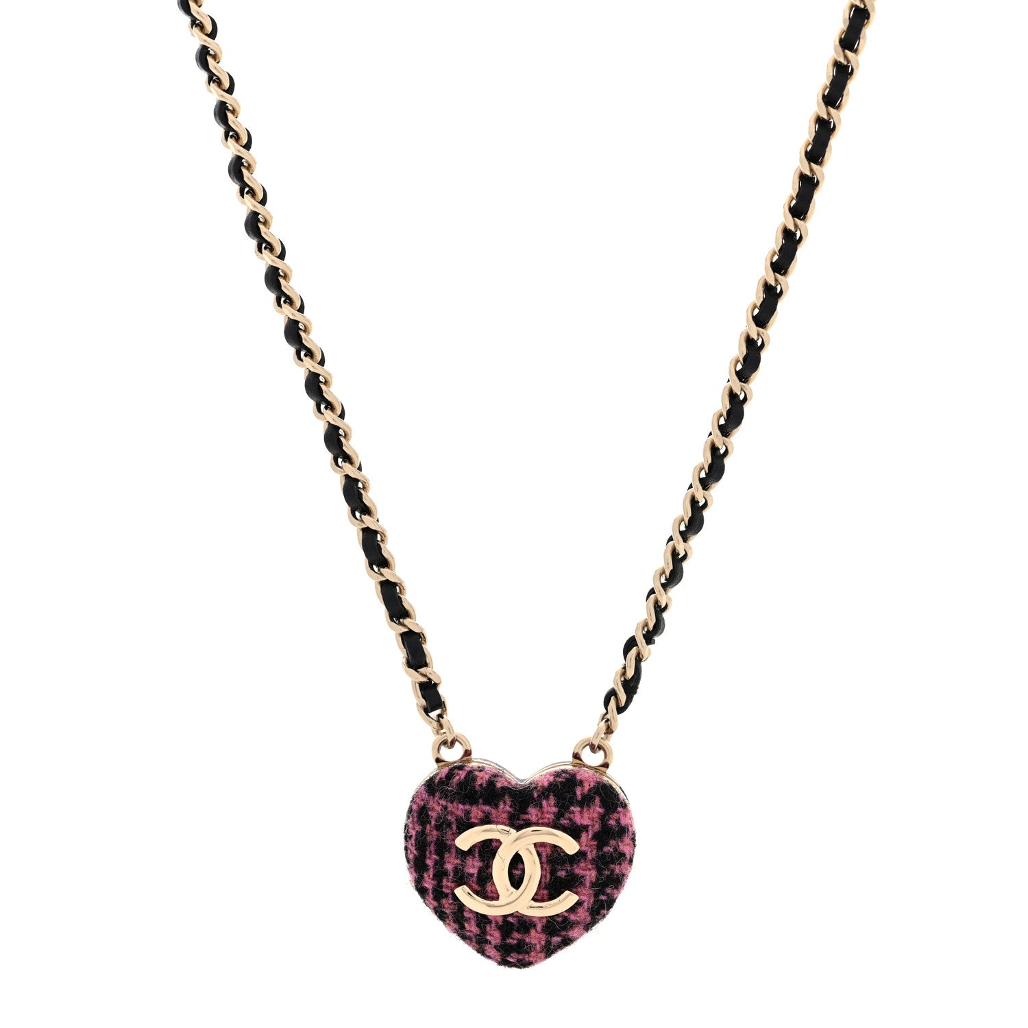 Chanel Lambskin Tweed CC Locket Pendant Necklace Black Pink Gold 1 of 6