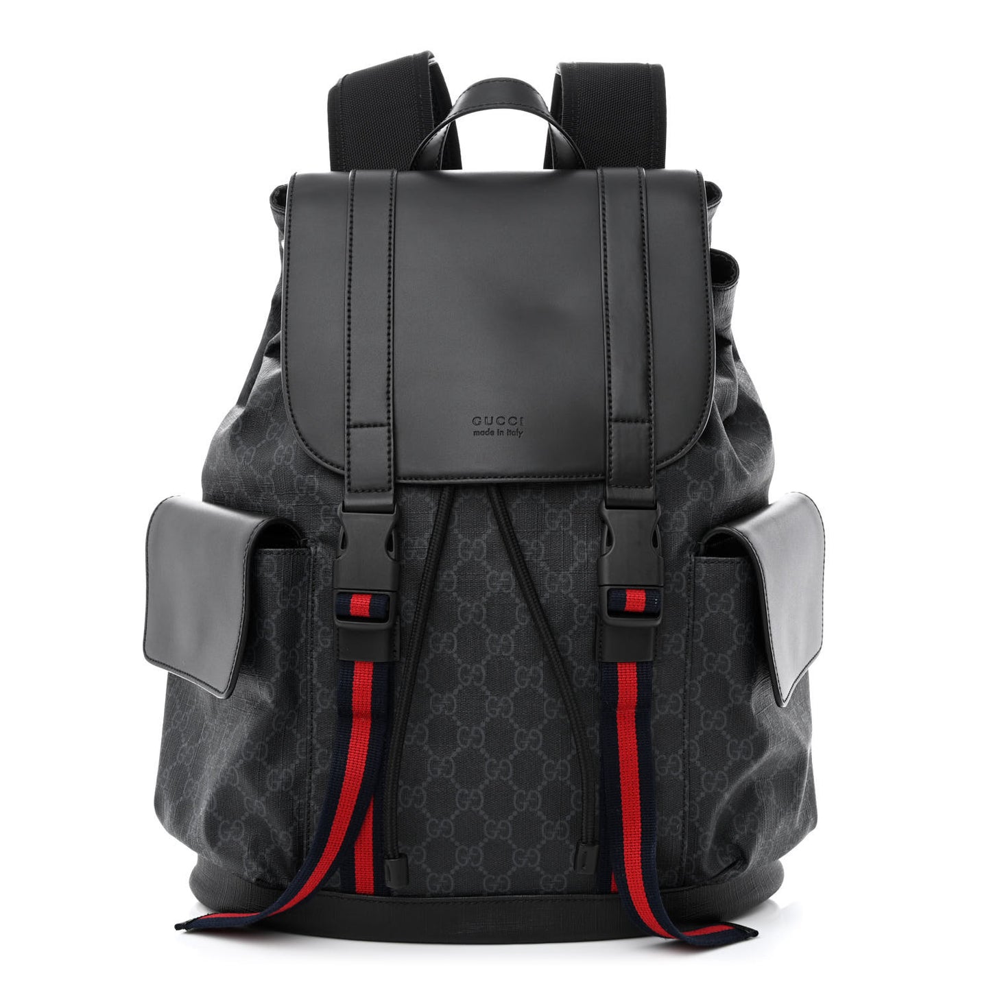 Soft GG Supreme Monogram Appia Calfskin Web Double Buckle Backpack Black
