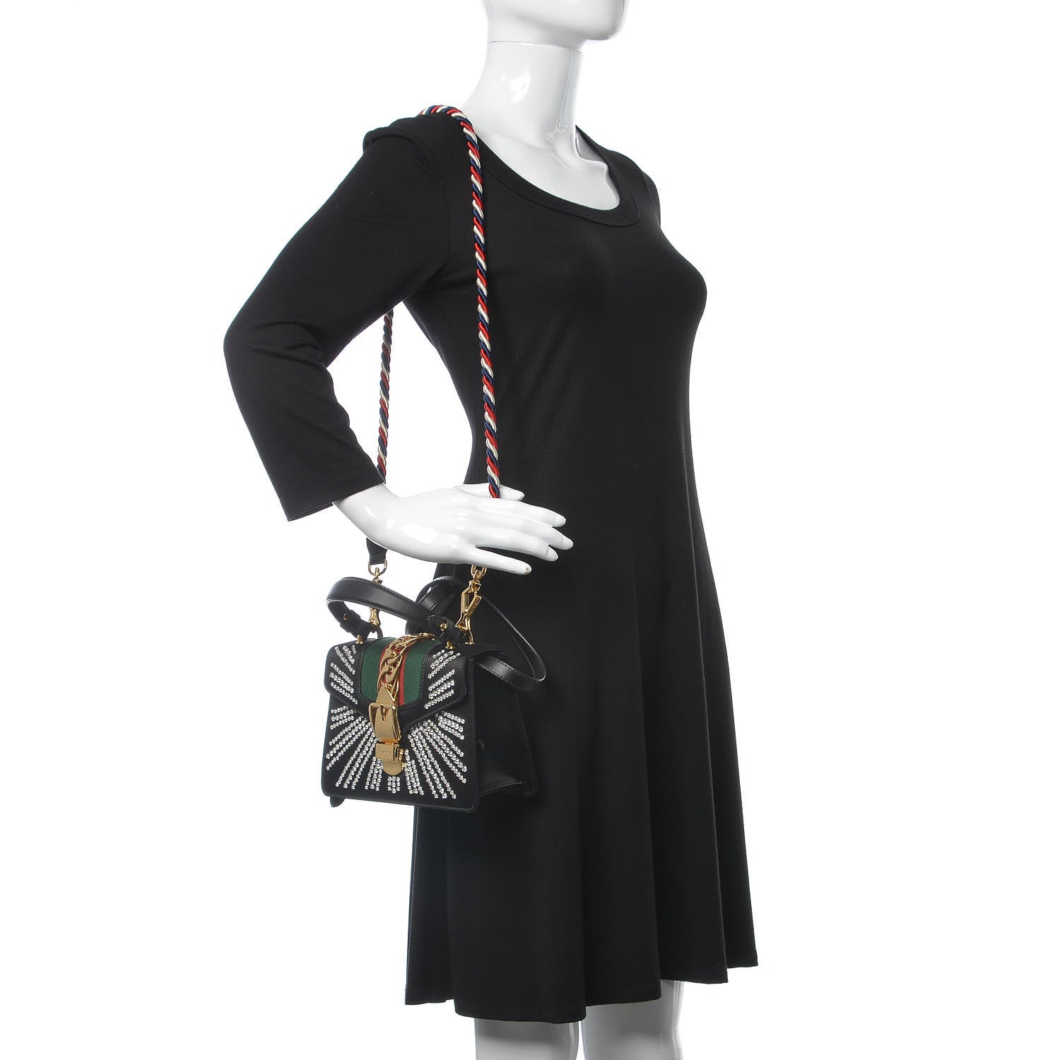 Gucci Satin Crystal Mini Sylvie Top Handle Bag Black 2 of 8