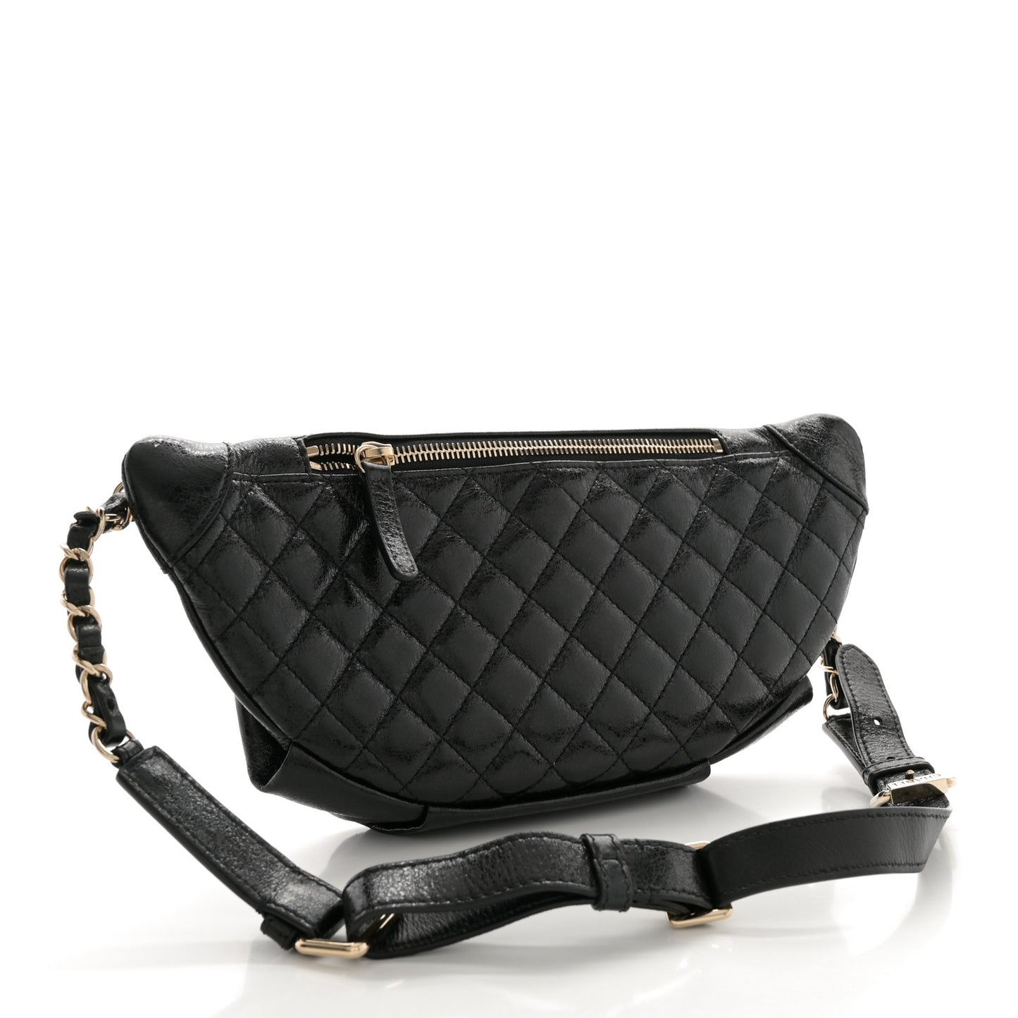 Crumpled Glazed Lambskin Quilted Waist Bag Fanny Pack Black