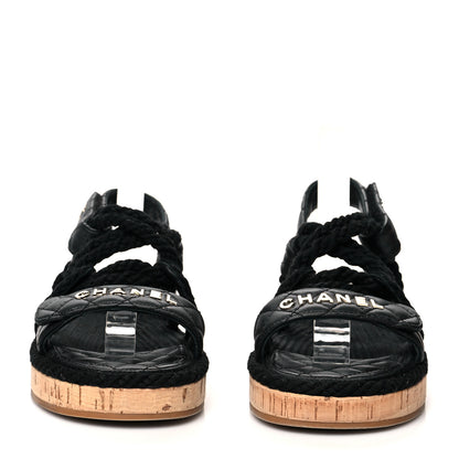 Chanel Cord Lambskin Quilted Logo Sandals 38 Black 2 of 8