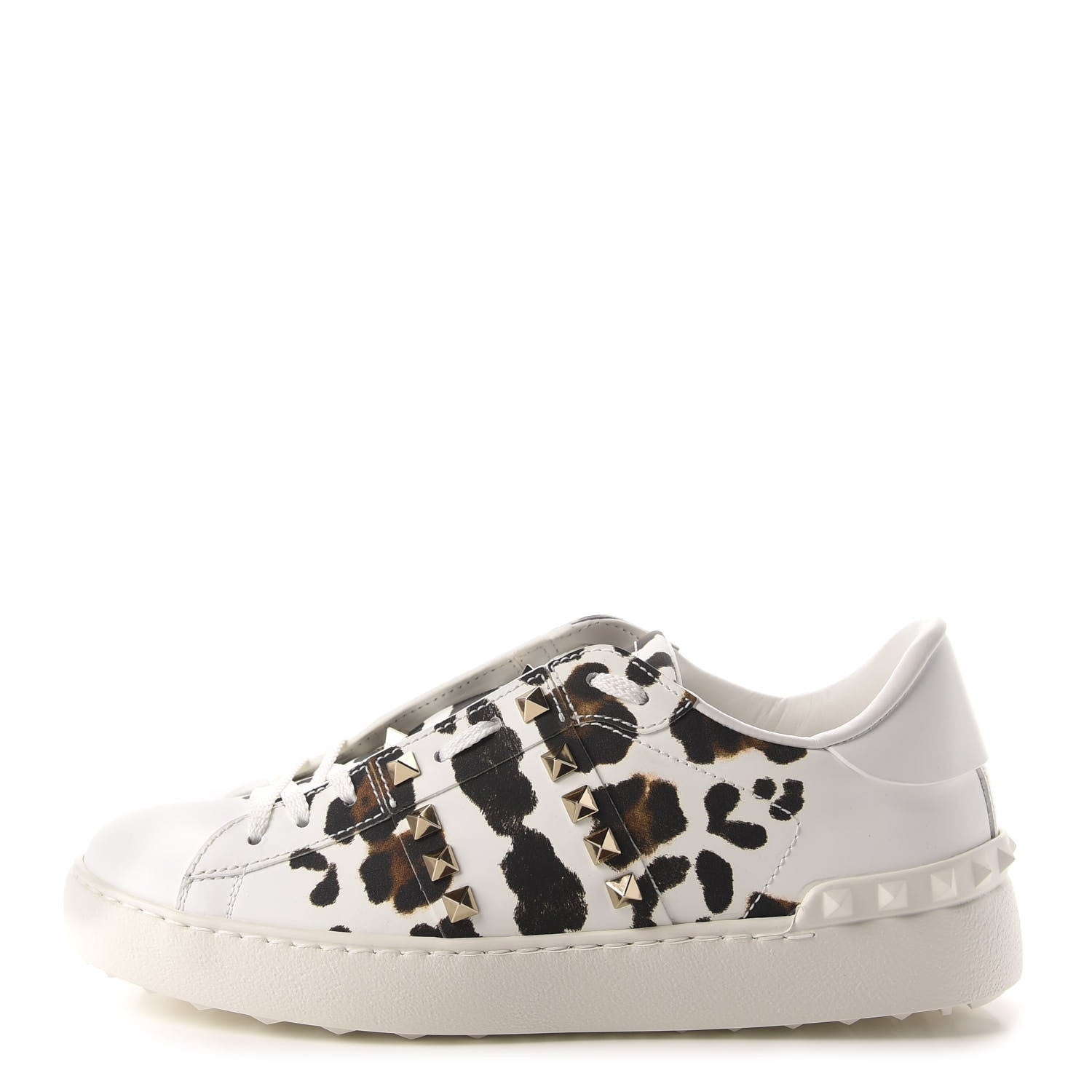 Valentino Garavani Calfskin Leopard Print Rockstud Untitled Open Sneakers 37.5 White 1 of 12