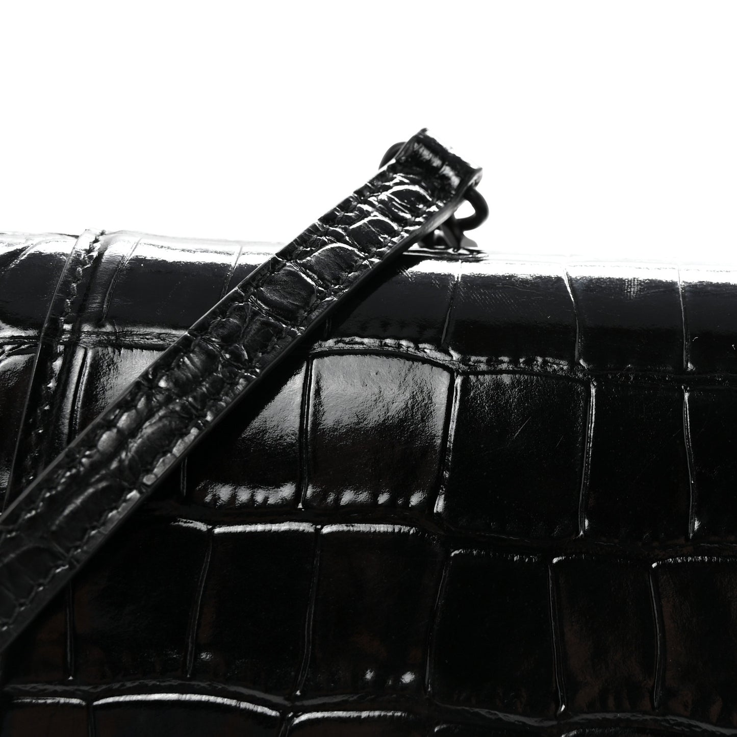 Shiny Calfskin Monochrome Crocodile Embossed Small Hourglass Evening Chain Bag Black