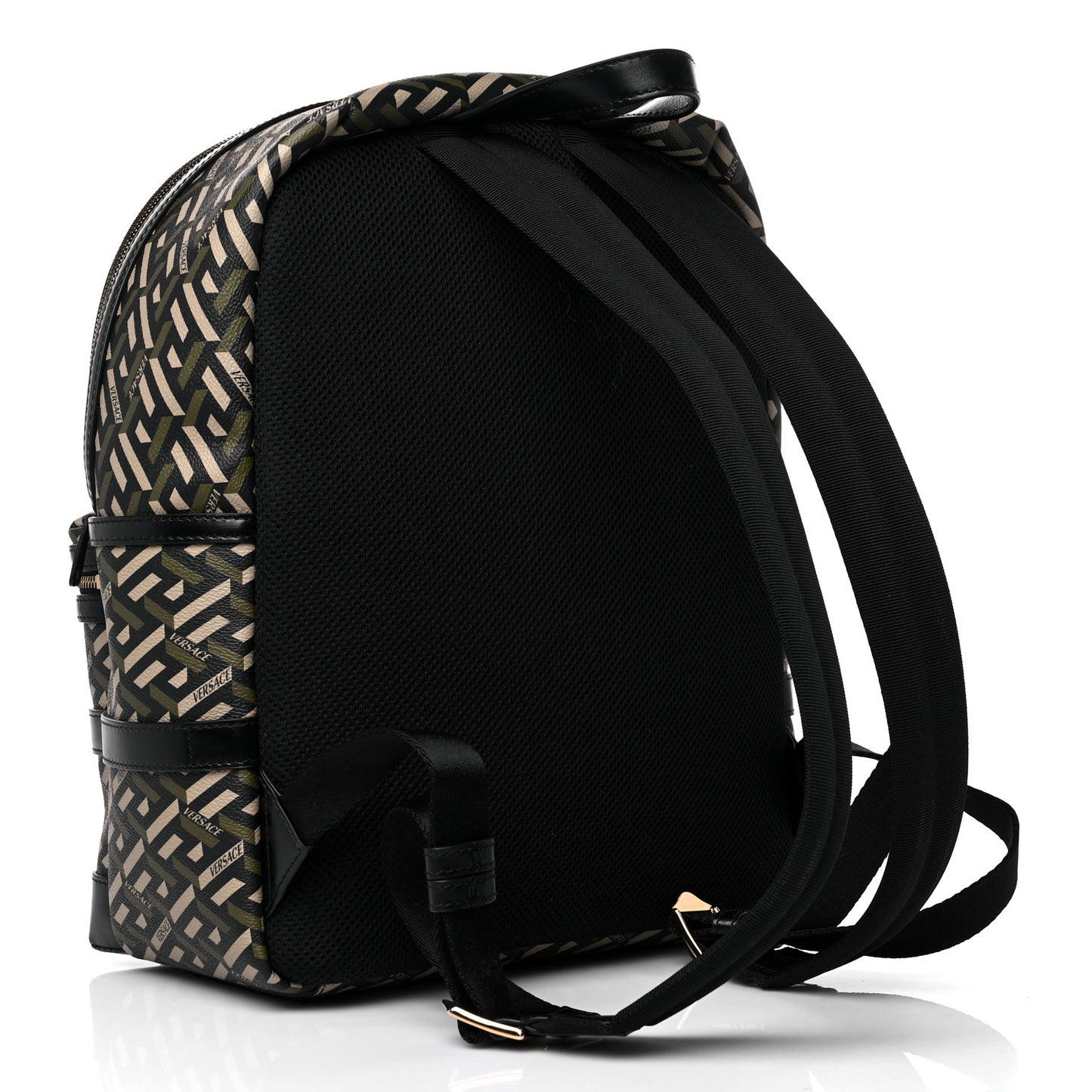 Coated Canvas Calfskin La Greca Signature Backpack Black Khaki