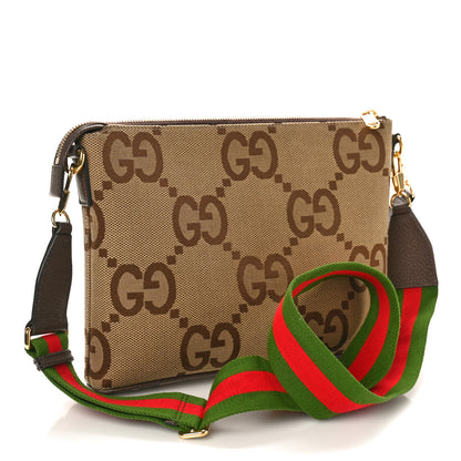 Gucci Monogram Jumbo GG Textured Dollar Calfskin Web Wristlet Messenger Bag Camel Ebony New Acero 3 of 11