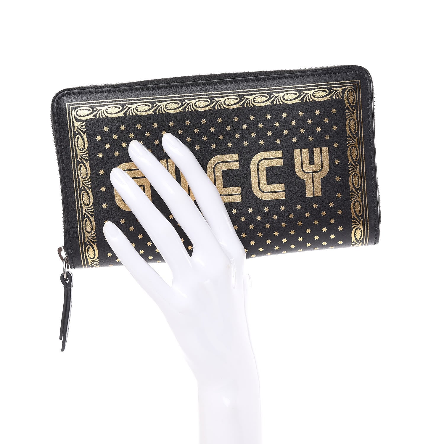 Gucci X SEGA Calfskin GUCCY Stars Zip Around Wallet Black Gold 2 of 10