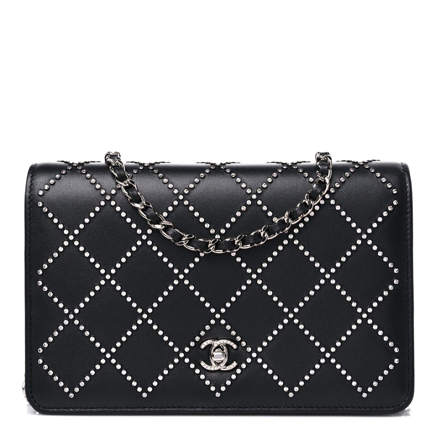 Lambskin Crystal Quilted Wallet On Chain WOC Black
