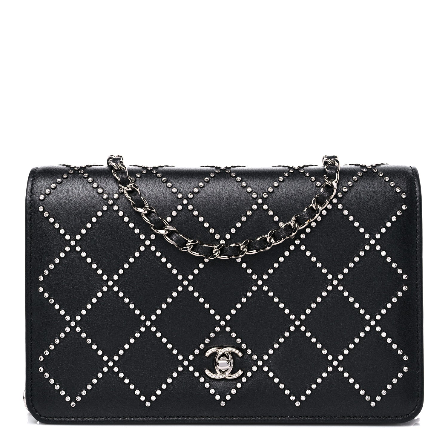 Chanel Lambskin Crystal Quilted Wallet On Chain WOC Black 1 of 15