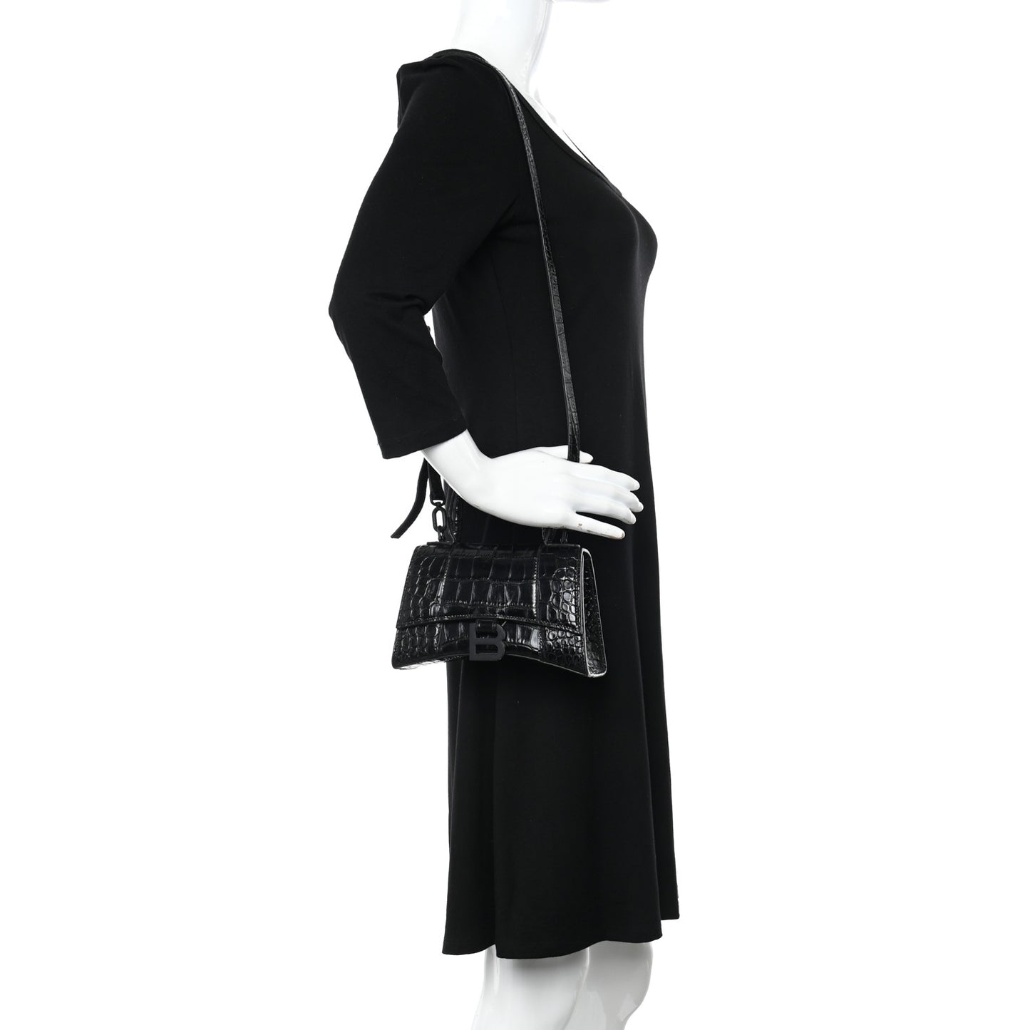 Shiny Calfskin Monochrome Crocodile Embossed Hourglass Top Handle Bag XS Black