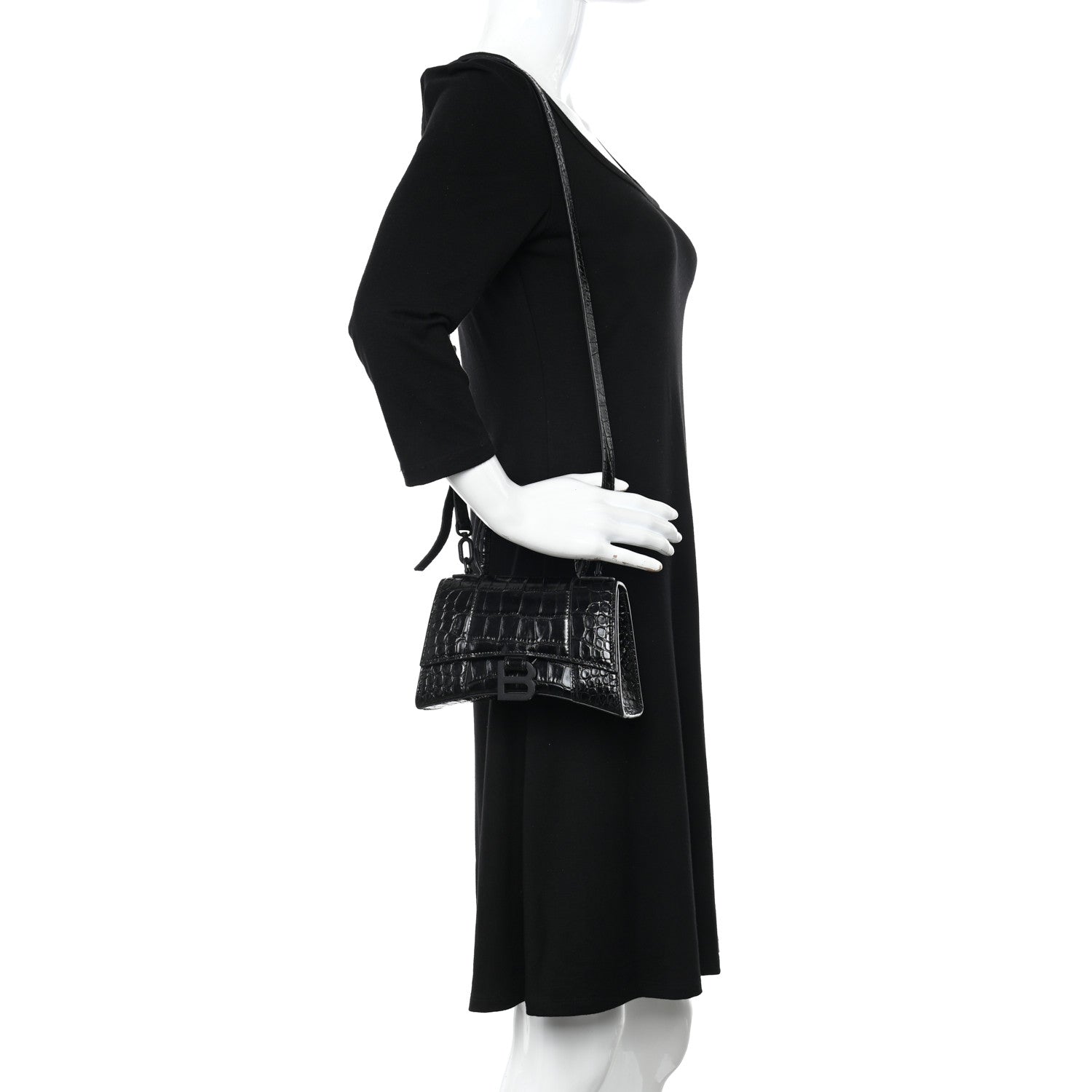 Balenciaga Shiny Calfskin Monochrome Crocodile Embossed Hourglass Top Handle Bag XS Black 2 of 17