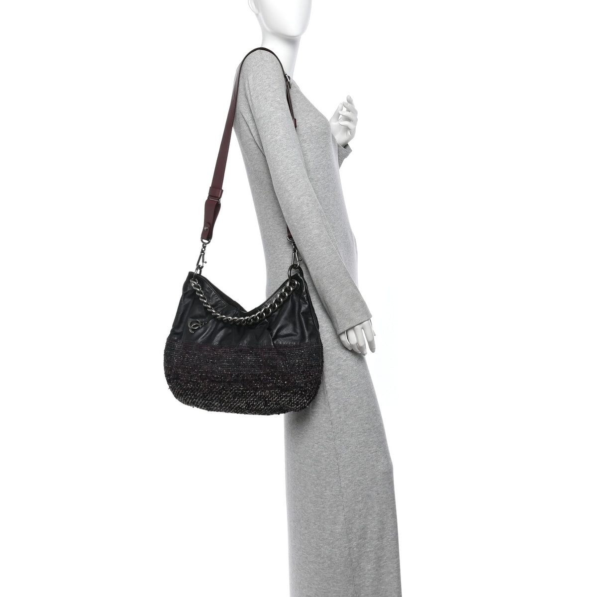 Calfskin Tweed Coco Pleats Hobo Black Burgundy