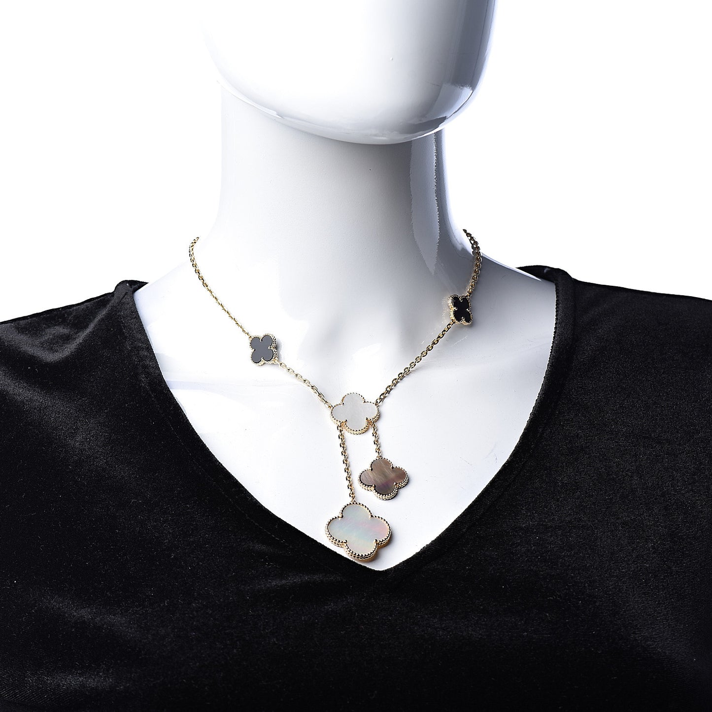 18K Yellow Gold Mother of Pearl Onyx 6 Motifs Magic Alhambra Necklace
