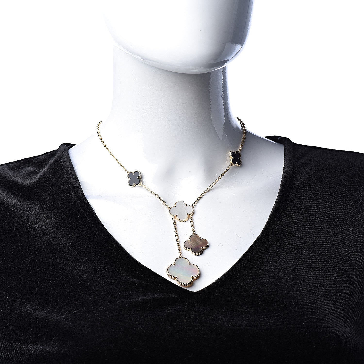 Van Cleef & Arpels 18K Yellow Gold Mother of Pearl Onyx 6 Motifs Magic Alhambra Necklace 2 of 7