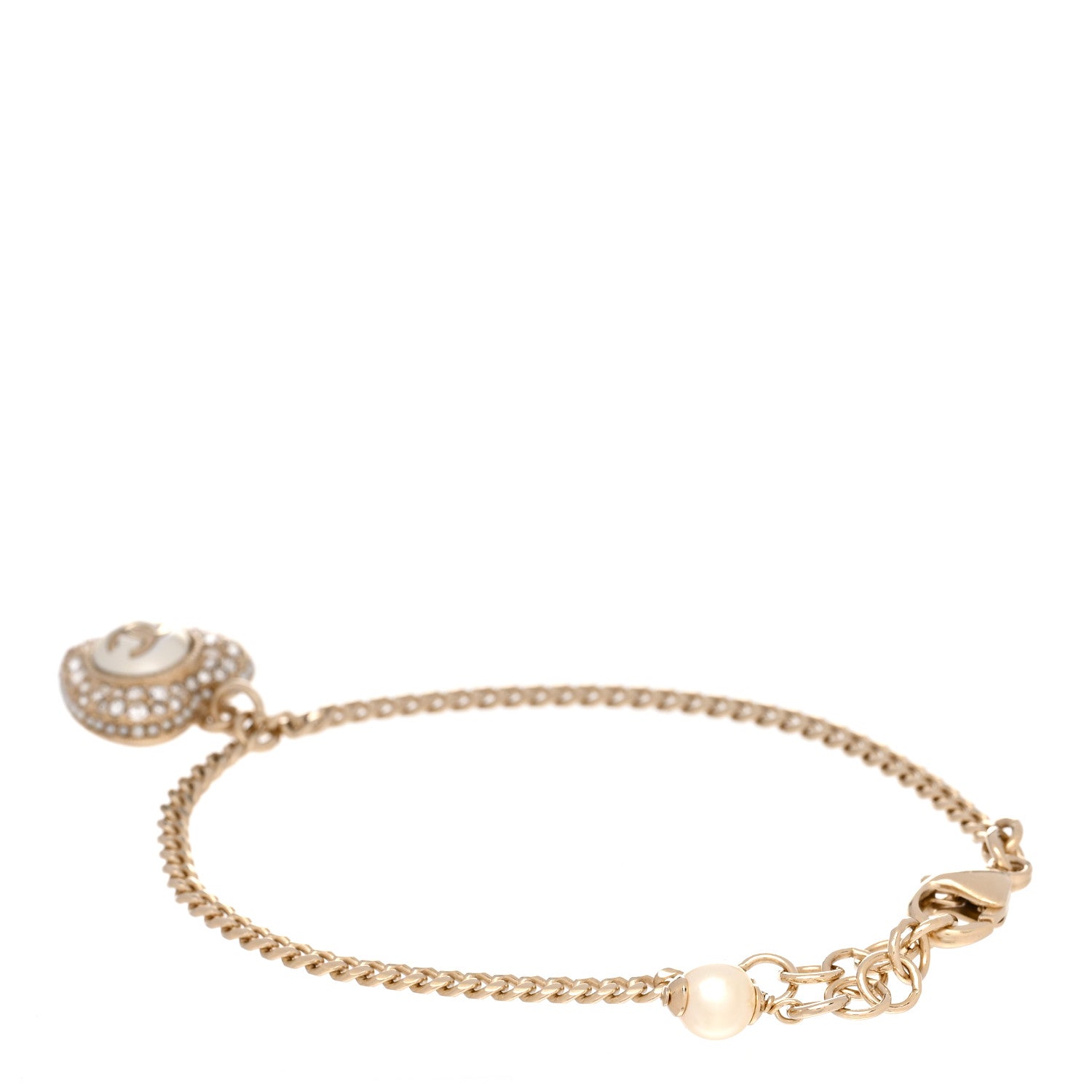 Chanel Crystal Pearl Chain Heart Bracelet Gold 3 of 5