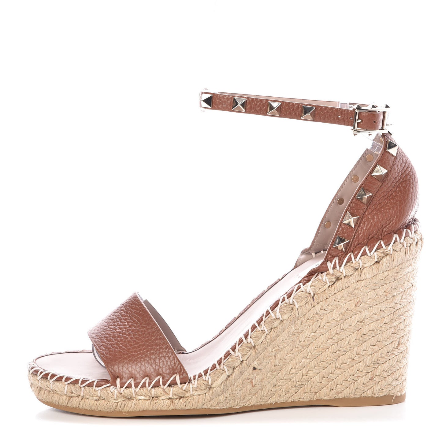 Grained Calfskin Rockstud Ankle Strap Espadrille 15/105mm Wedge Sandals 40 Cuoio Natural