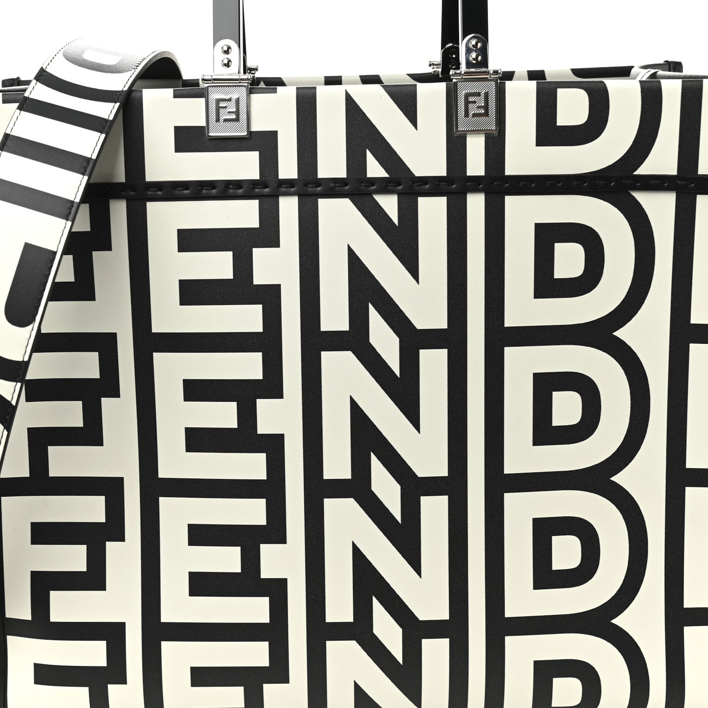 X MARC JACOBS Vitello King Logo Print Medium Fendi Sunshine Shopper Tote Black White